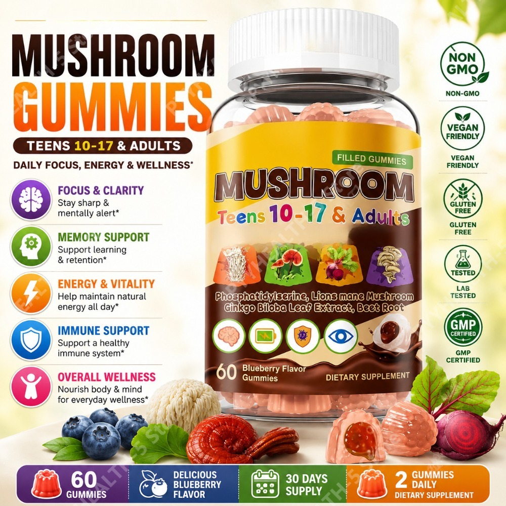 Tulsi Holy Basil - Löwenmähnen- und Reishi-Pilz-Gummis mit Ginkgo, PS,